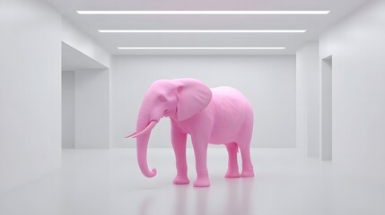 Vibrant pink elephant sculpture in a minimalist gallery space.