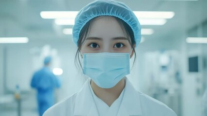 Young medical worker wearing surgical mask and cap in hospital room with blurred medical staff background showing calm, focus, and dedication of healthcare worker in protective gear