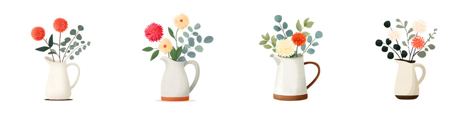 Fototapeta premium Watercolor Floral Arrangements in Cream Pitchers Isolated on White
