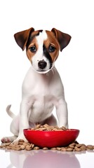 Jack Russell Terrier puppy dog ​​sitting next to red bowl with dry dog ​​food and looking at camera on white background with copy space. banner for text.. vertical photo. pet care