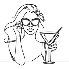 Poster encadré Simple one line drawing of a woman with cocktail . Transparent background png file