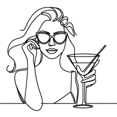 Papier peint photo intissé Simple one line drawing of a woman with cocktail . Transparent background png file