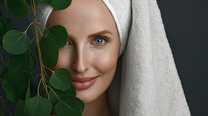 Beautiful Woman with Towel and Leaves: Spa Facial Care and Natural Beauty Concept