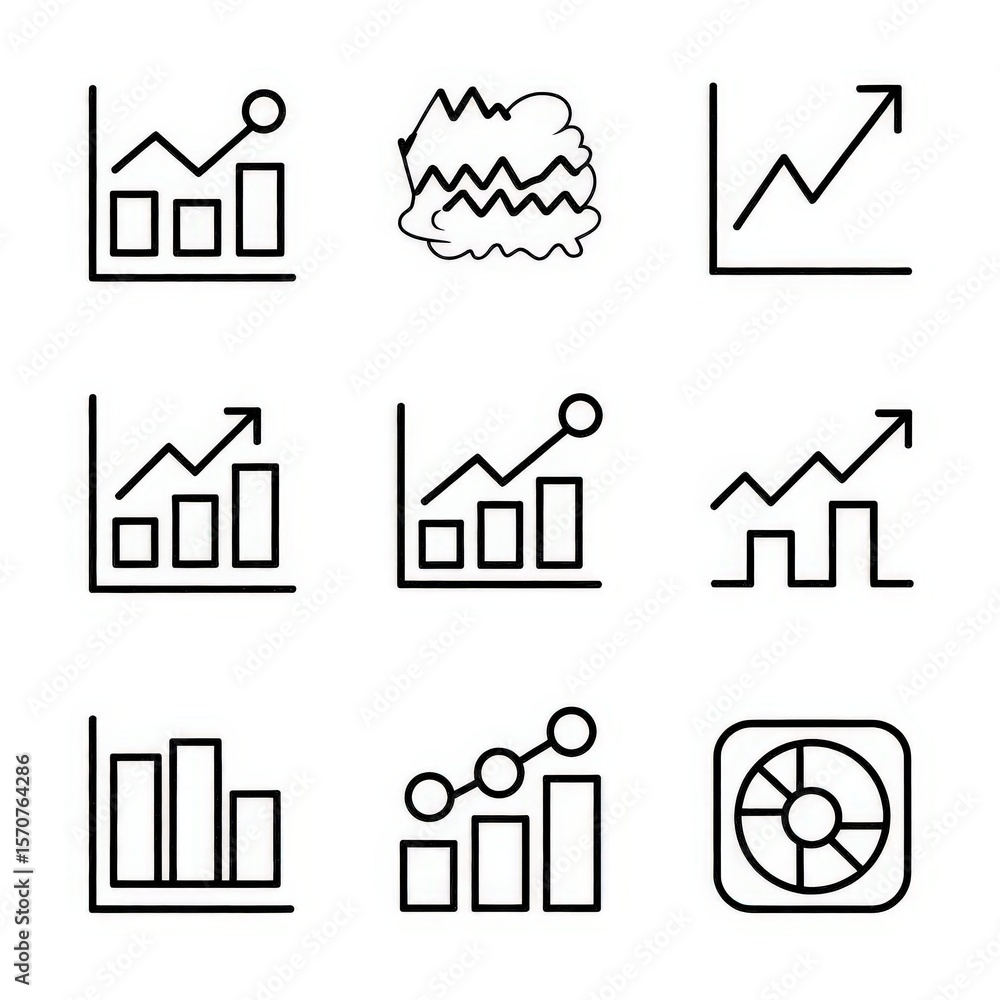 Poster graphic 9 icons chartsgraphs line bar showing fluctuations rises falls and a pie graph inside a squa
