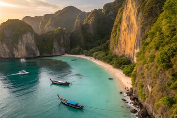 Aerial view of a tropical bay with emerald cliffs, turquoise sea, and boats by a hidden beach at sunset-serene, dreamy, and perfect for travel, nature, and exotic getaway themes