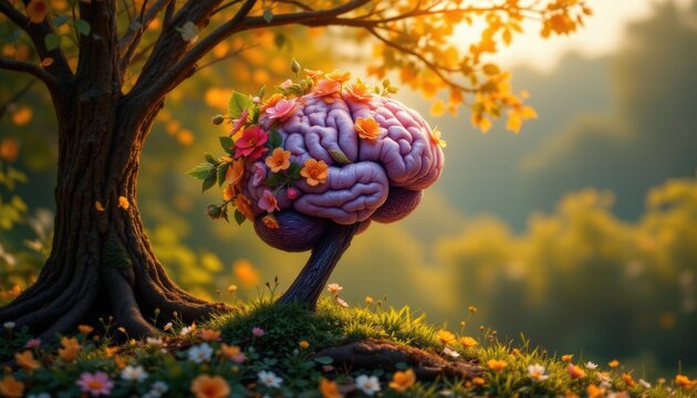 create a powerful image that captures the essence of well being and mental health, feature a human brain as the central focus, adorned with flowers and surrounded by a tree