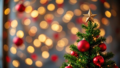 Obraz premium create a festive christmas tree image featuring red and gold ornaments and baubles against a blurred bokeh lights background