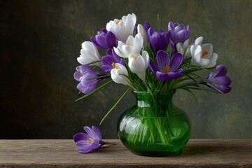 White and purple crocuses burst from a green glass vase staged on a weathered wood surface against a mottled backdrop