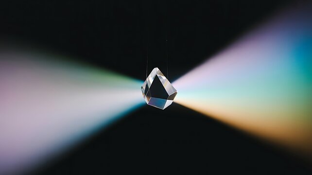 Crystal prism refracts light into a spectrum of rainbow colors against a dark background - Powered by Adobe