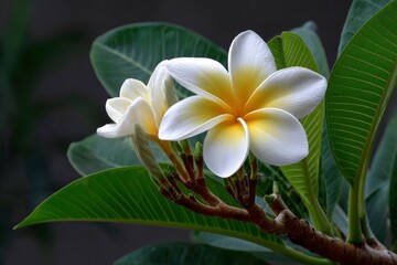 White and yellow plumeria flowers bloom surrounded by large vibrant green leaves on a dark gray background