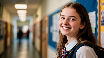 Adolescente rubia sonriente en pasillo de escuela 