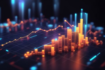 Graphic illustration of bar and line graph on a grid with glowing orange and blue lighting