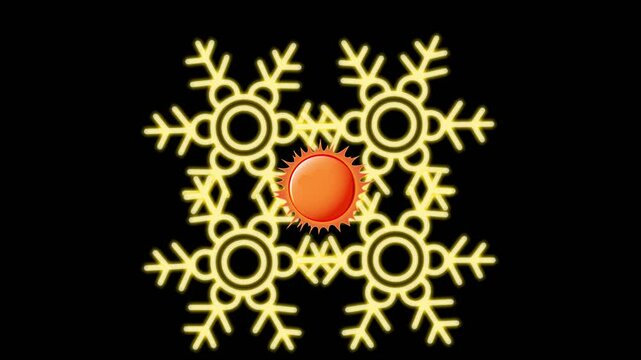 draw yellow flower with joining several leaf and star in square design on black screen background
