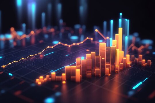 Graphic illustration of bar and line graph on a grid with glowing orange and blue lighting - Powered by Adobe