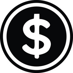 A bold black and white graphic icon featuring a prominent white dollar sign centered within a circular border symbolizing finance and currency