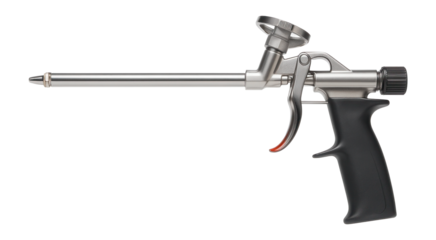 Heavy-duty metal foam gun with a long barrel for reaching tight spaces on a building site.