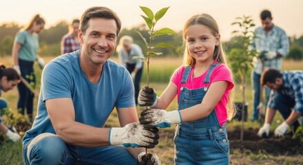 Father and daughter planting tree in community garden on sunny day