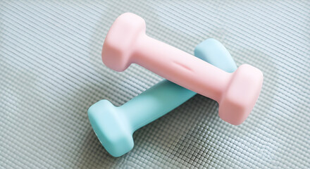 Two light pastel colored dumbbells lay across a textured yoga mat, ready for a fitness workout routine at home or in the gym.