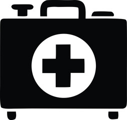 Simple black silhouette of a medical first aid kit with a white cross emblem and carrying handle