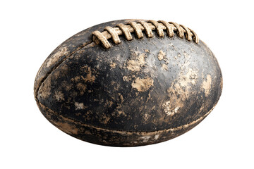 Muddy rugby ball isolated on transparent background, sports equipment detail