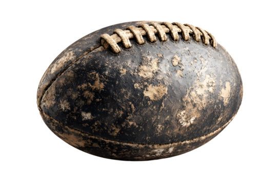 Muddy rugby ball isolated on transparent background, sports equipment detail