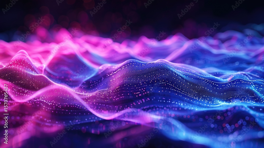 Poster Abstract picture colorful light particle with digital technology style design connecting become dynamic of electric wave movement represent about flowing of data or structure of network system. AIG53.