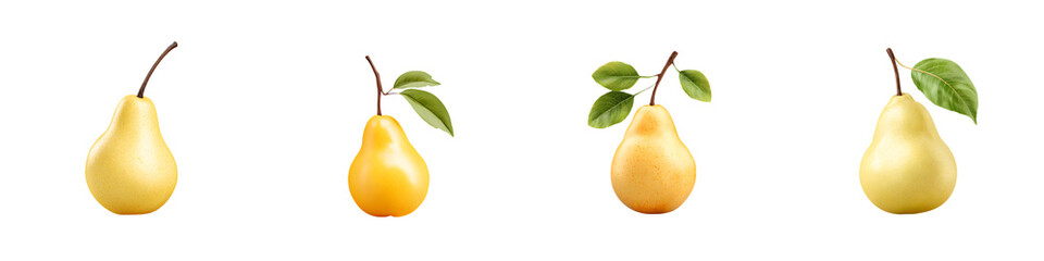 Variety of Yellow Pears with Leaves: Fresh Fruit Isolated on White