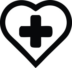 A bold black outline of a heart encloses a prominent black medical cross symbol representing healthcare and well being