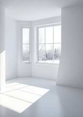 Fototapeta premium A 3d-rendered scandinavian interior design features a white empty room with a winter landscape visible through window Empty room interior design architecture blank design room striking structures