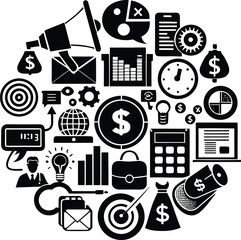 A circular arrangement of black and white icons representing business finance marketing strategy and success elements