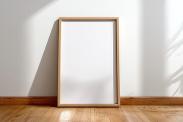 Blank poster mockup in wooden frame on white wall above a desk. Minimalist Scandinavian interior, natural light and soft shadows, clean layout.