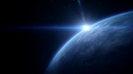 A stunning view of Earth from space. The curved horizon glimmers under a bright light. Perfect for science projects or space-themed designs. Captivating and serene atmosphere. AI