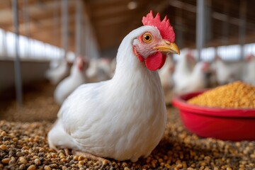 White chicken red comb and feed in a farm setting