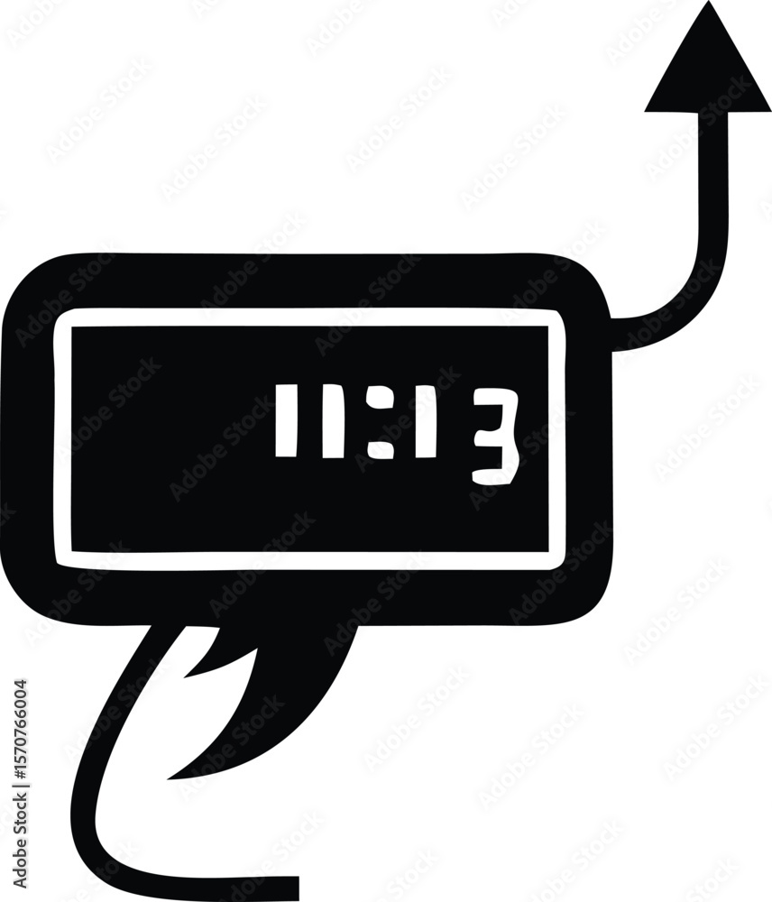 Poster digital clock displaying eleven thirteen with a curved arrow pointing upwards indicating progress or
