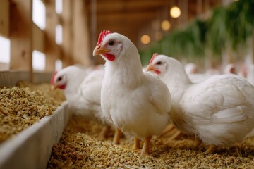White chickens eat in a trough in a barn their red combs are a standout feature
