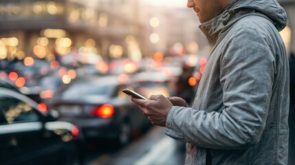 The man using a smartphone while surrounded by city traffic in the evening.