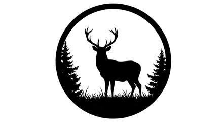 Majestic stag silhouette within a circular frame with pine trees and grass isolated on transparent background