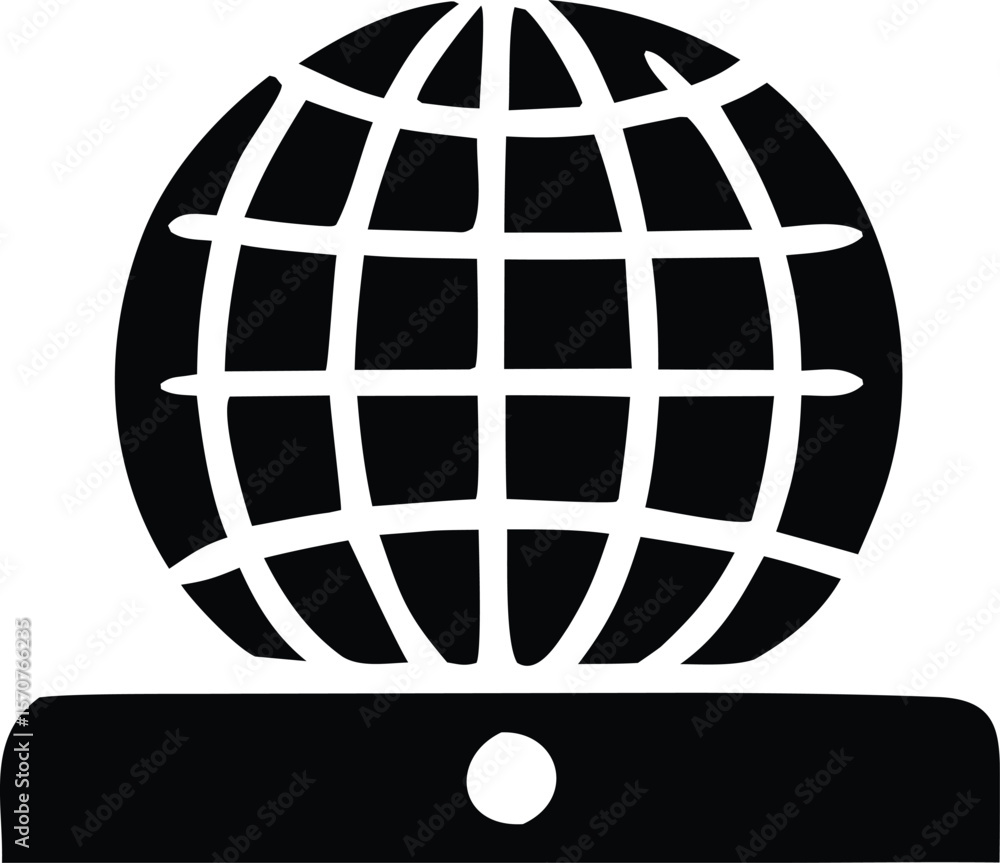 Poster stylized black and white icon representing a globe or network connection symbol placed on top of a r