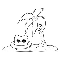 cute hand drawn black and white cartoon character tooth with sunglasses at the beach funny summertime vector illustration for coloring art