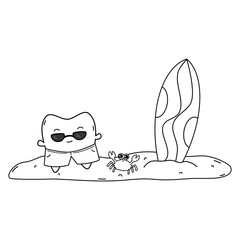 cute hand drawn black and white cartoon character tooth with sunglasses at the beach with crab and surf table funny summertime vector illustration for coloring art