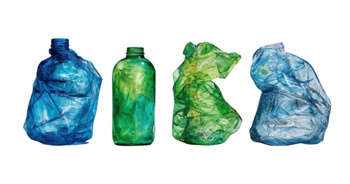 Crumpled plastic bottles, various colors