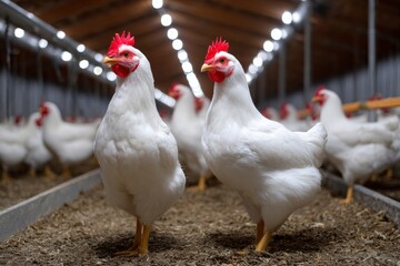 White chickens stand in a barn with bright overhead lighting