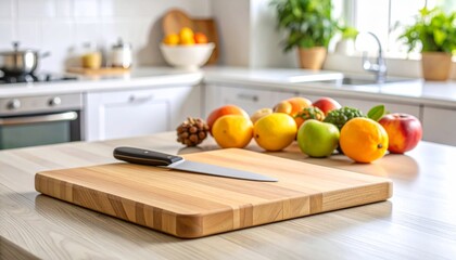 Wooden Cutting Board with Knife and Fresh Fruit 