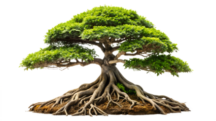 A meticulously cultivated bonsai tree with intricate, exposed roots, isolated on a white background