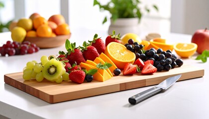 Wooden Cutting Board with Knife and Fresh Fruit 
