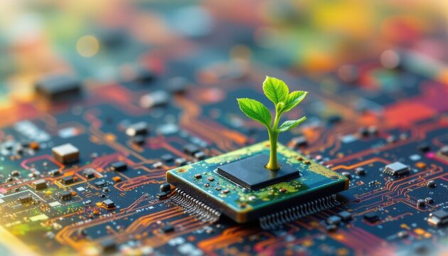create an organic digital background using various technologies and incorporate a green sprout on a puter chip at the bottom of the image