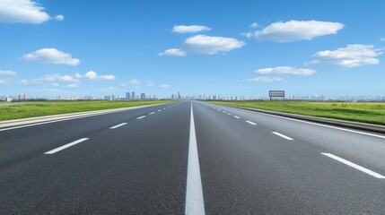 Naklejka premium Empty highway leading to city skyline under a vibrant blue sky
