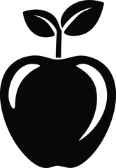 Simple black silhouette of an apple with two leaves on a white background representing health and nature