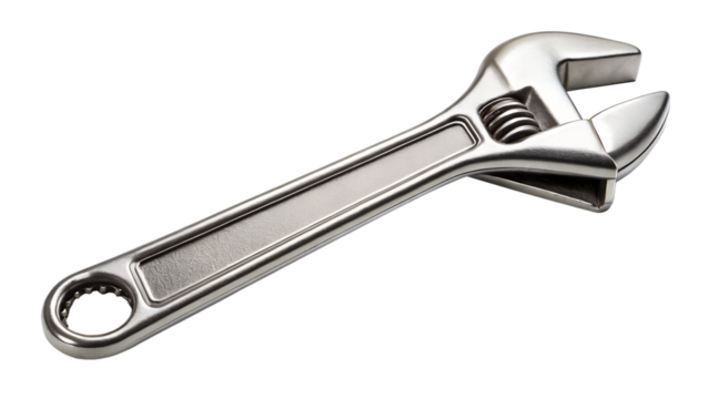 A shiny metal adjustable wrench isolated on a white background