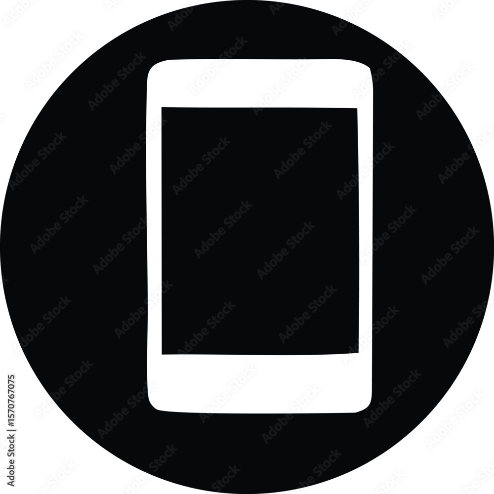 Poster simple black and white icon representing a modern smartphone with a blank screen inside a circular f
